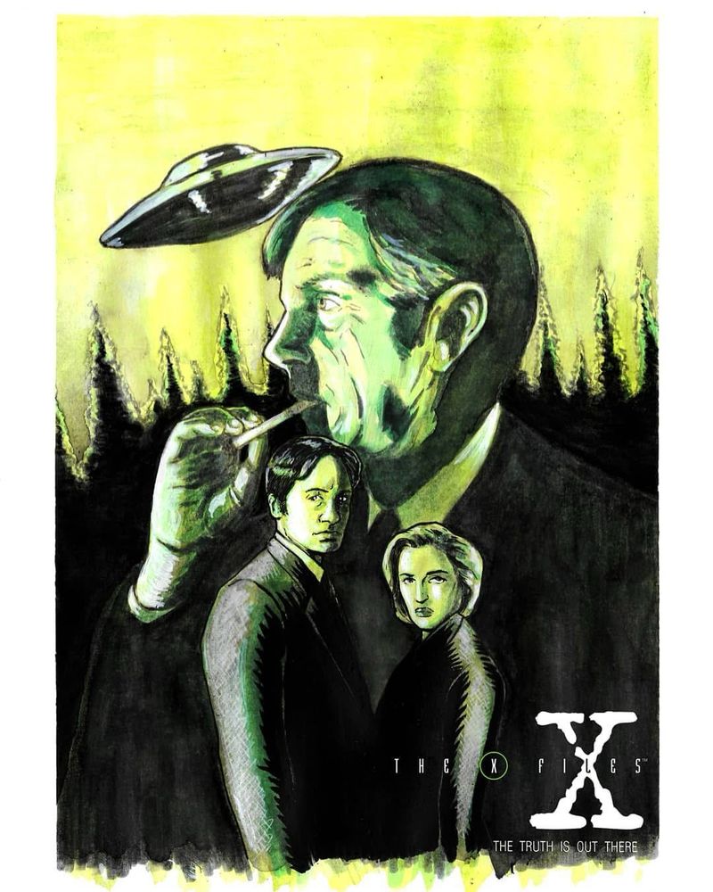 A black, white and green hand painted X-Files posters with digital typography. It shows a UFO above a forest and the Smoking Man looming over Mulder and Scully