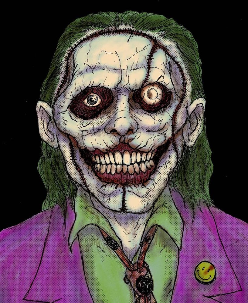 A mugshot style picture of the Joker, in colour. His face is corpse like, with stitches all over as though his face is stitched on. 