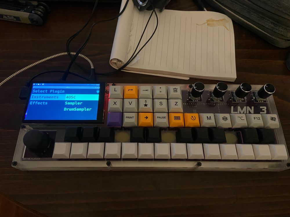 Lmn-3 an open source synth/sampler/sequencer/DAW-in-a-box made with a raspberry pi 4, mechanical keyboard switches, emcoders and a joystick