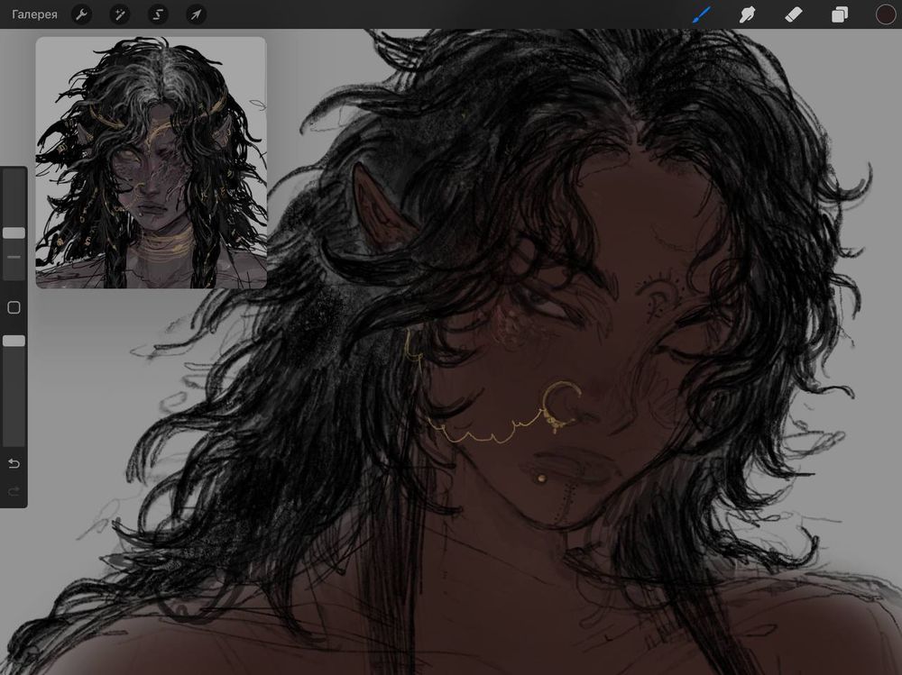 A digital drawind of a brown skinned woman with black, messy and wavy hair that was cut inconsistently. She wears a ring piercing in her nostril and a round one under the bottom lip. She also has face tattoos similar to bedouin ones