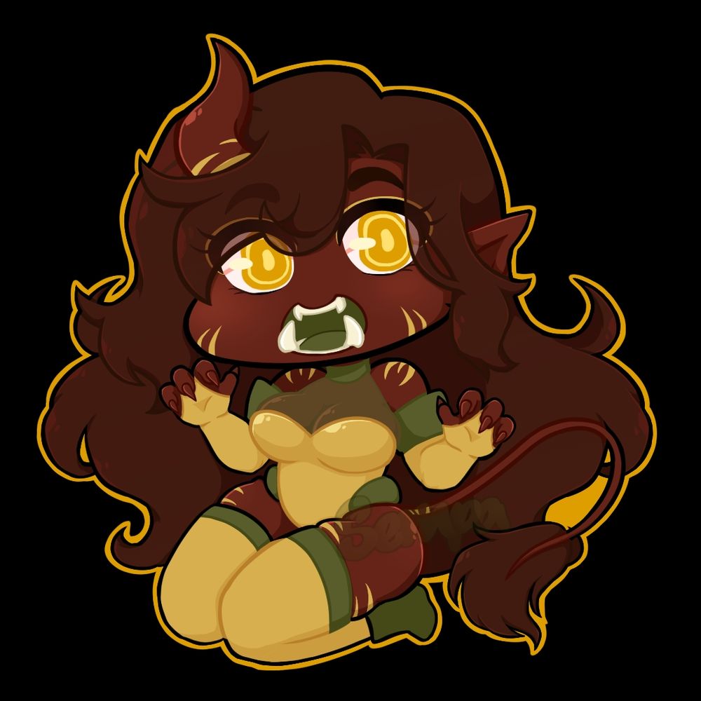 Chibi Oni character, Sempa
Kneeling position, slightly clawed hands raised on both sides, with red skin