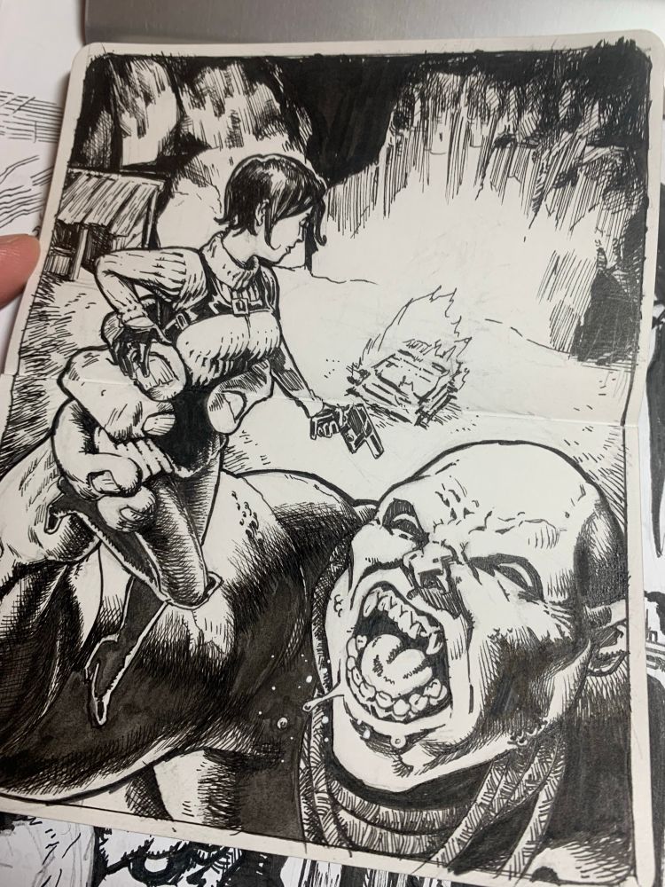 Resident evil 4 fan art. Femme fatale spy is in the clutches of an angry giant. She aims her pistol at him nonetheless