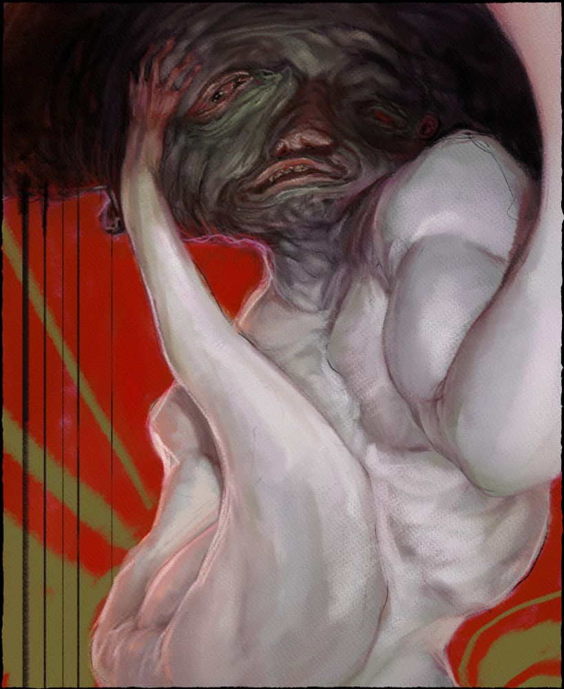 A figure morphing and twisting like rubber, their hand reaching up to hold their head in agony. Their head morphing into a thick cloud of smoke.