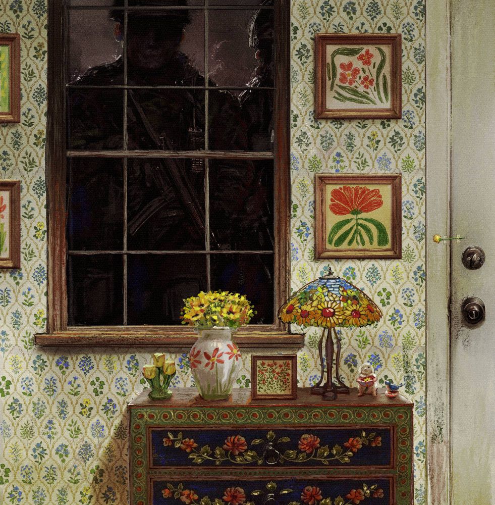 A room decorated in various flower themed decorations of every kind and colorm. including a wall paper, various abstract paintings of flowers on the wall, a side table painted with flowers. On top of the side table is a flower vase, a flower lamp, a rabbit holding a flower ceramic statue, a bird sitting on a flower ceramic statue, a tulip ceramic statue and then another painting of flowers. There is a single window in the room and outside looms a group of barely visible police officers in swat gear staring inside. There is a door to the right almost out of frame. A single dandelion taped across it like a lock.