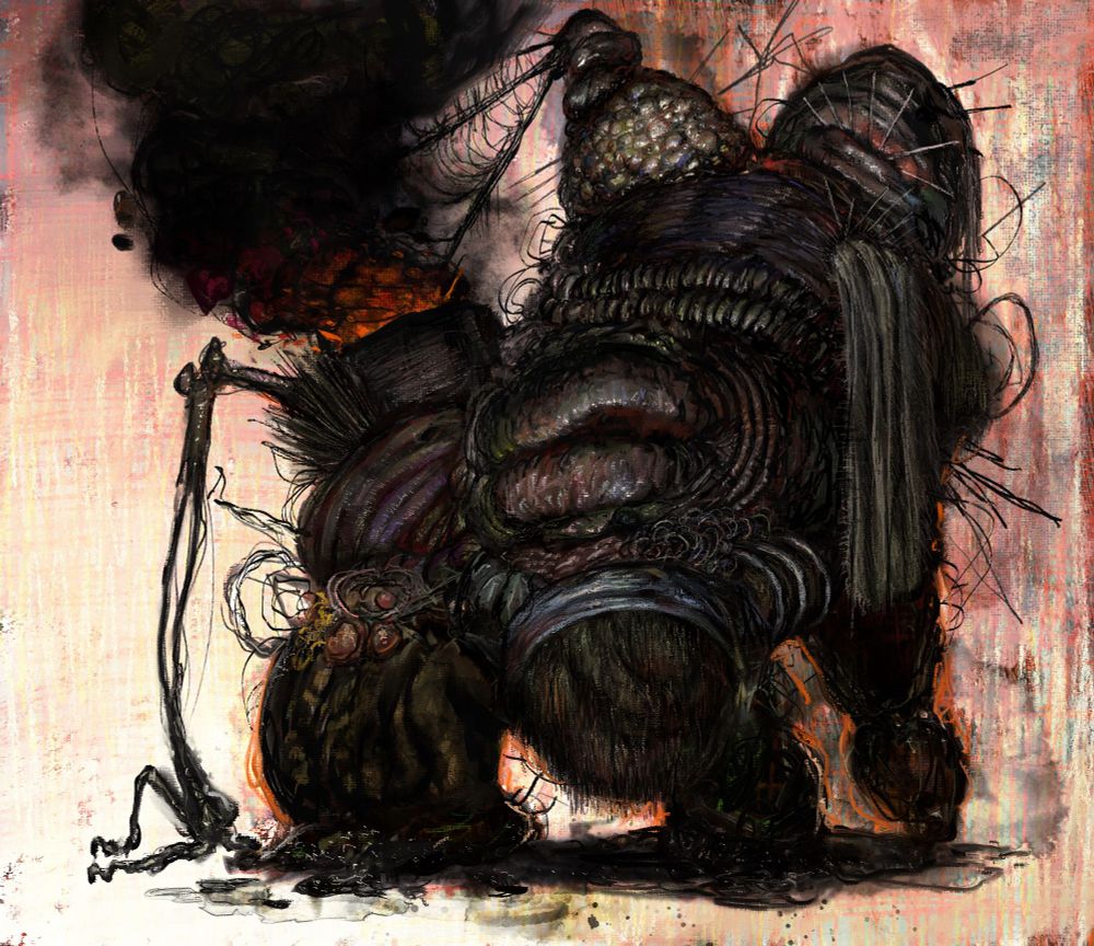 A massive lumbering almost organic heep of sludge and filth. A raging inferno lies on its back, leaking a pillar of tar black smoke. Wires and tubes cover its body.