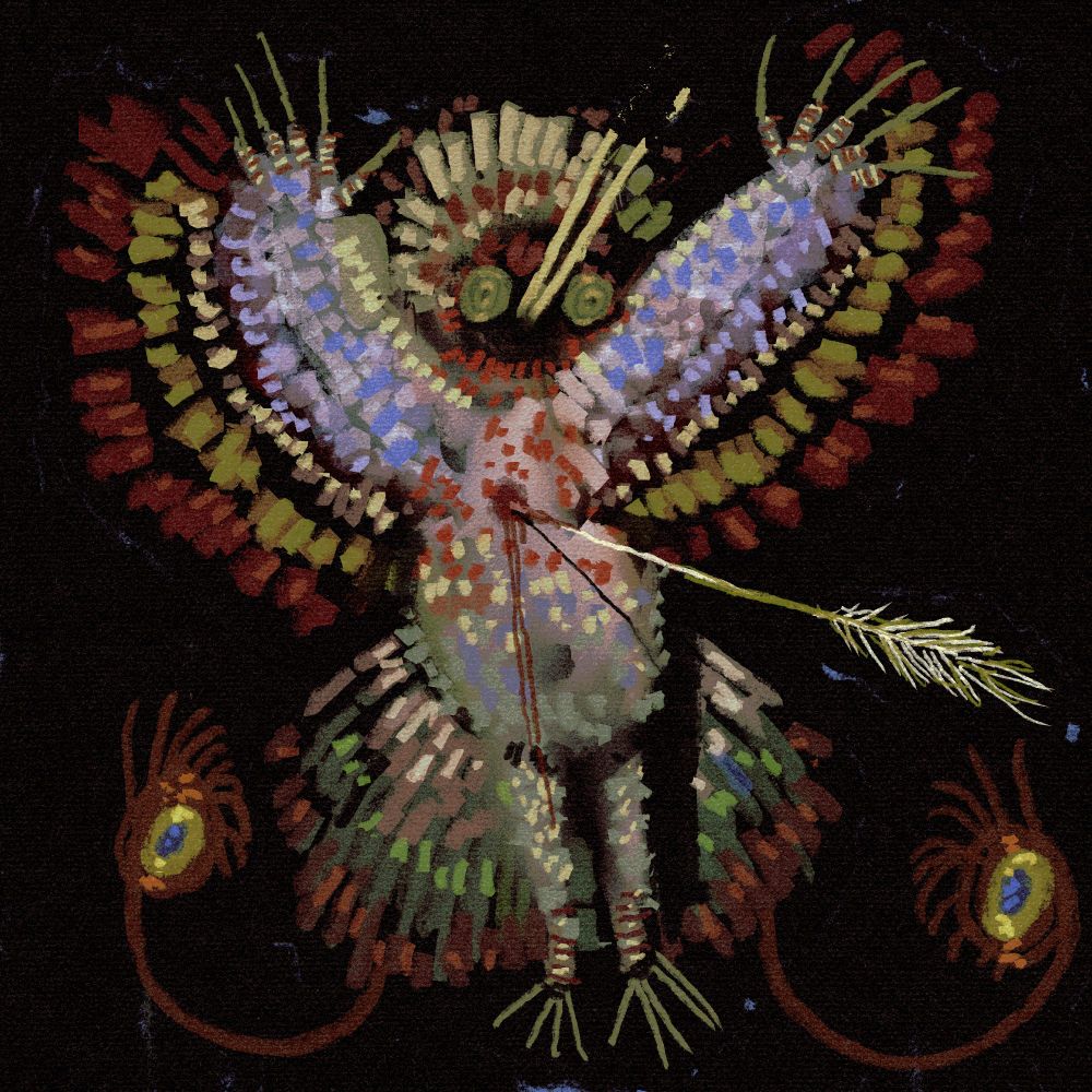 a doll resembling a flamboyant bird-child hybrid. It has colorful plumage arranged in various patterns featuring reds, greens, yellows, and blues. It has its arms outstretched and a look of shock on its face. A single arrow pierces its chest.