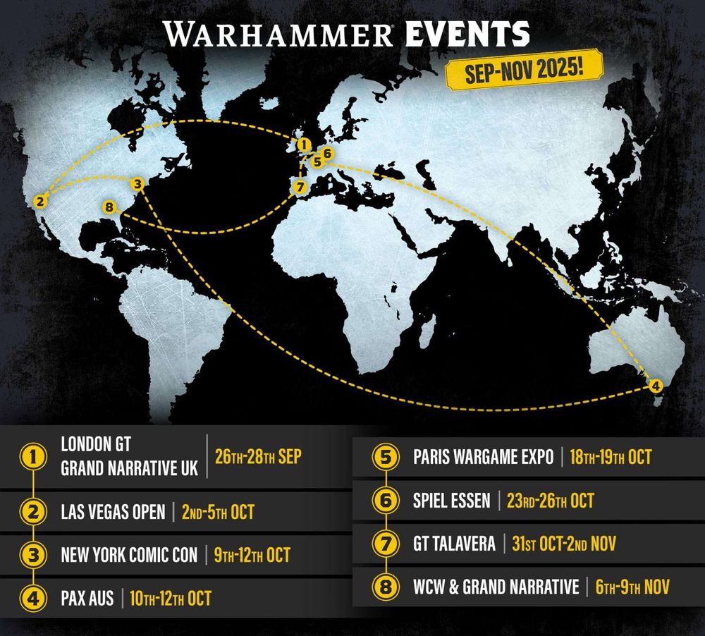A map of Warhammer events for September-November of 2025; locations are all in the USA, Europe, and Australia.