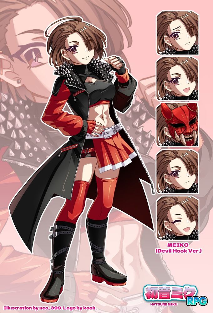 A character design sheet of MEIKO the vocaloid as the "Devil Hook", a melee brawler fighter type. 

This sheet also includes facial expressions that she makes. 