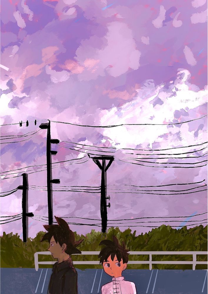 ピンク色の夕日
電信柱
駐車場で佇むターレスと悟飯のイラスト