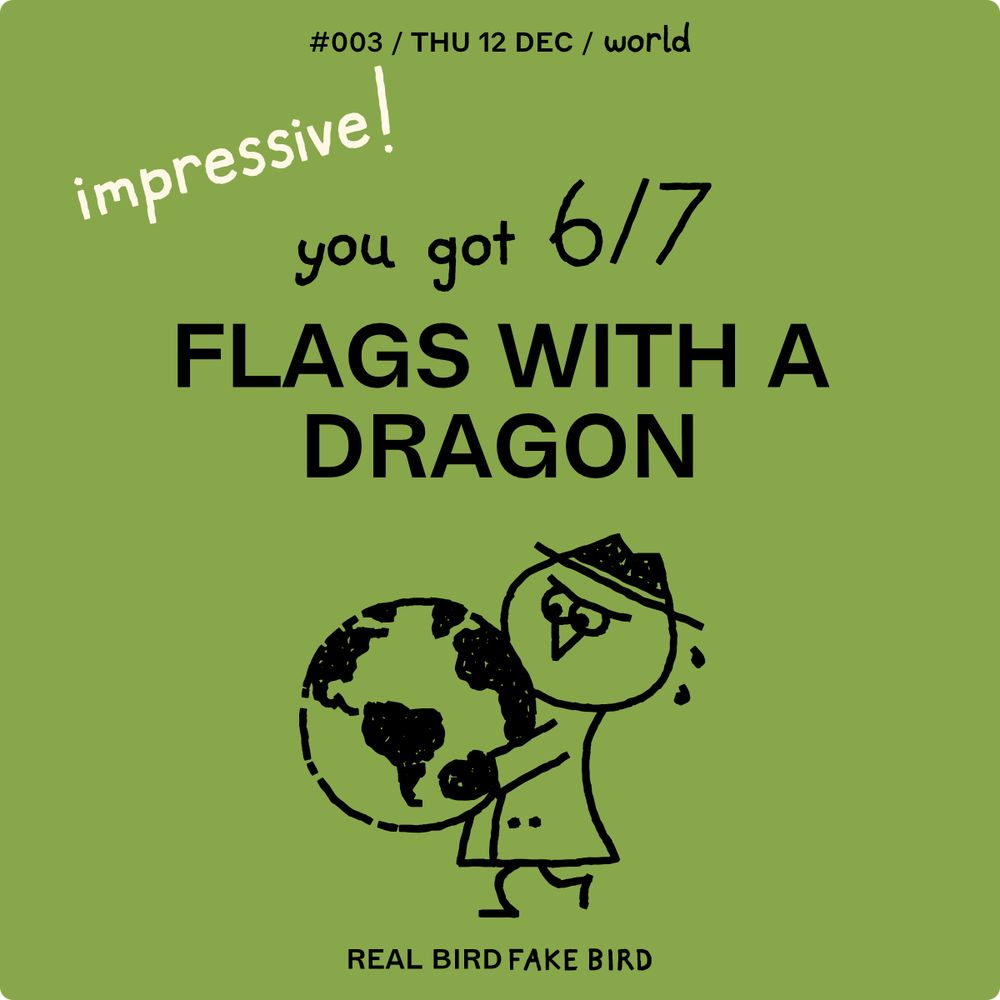 Scorecard for Real Bird Fake Bird on 12/12/24. Topic: Flags with a Dragon. Score:  6 out of 7 correct. 