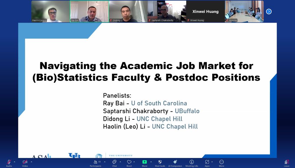 Zoom screenshot for the virtual panel "Navigating the Academic Job Market for (Bio)Statistics Faculty & Postdoc Positions"