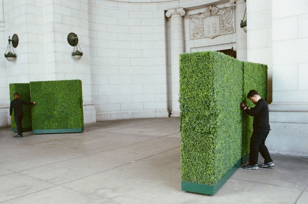 A color photograph depicts two male figures dressed in black clothing. They are seen handling tall boxes meant to look like a row of hedges. The entire scene is framed against a concrete and masonry building of a neo-classical design.