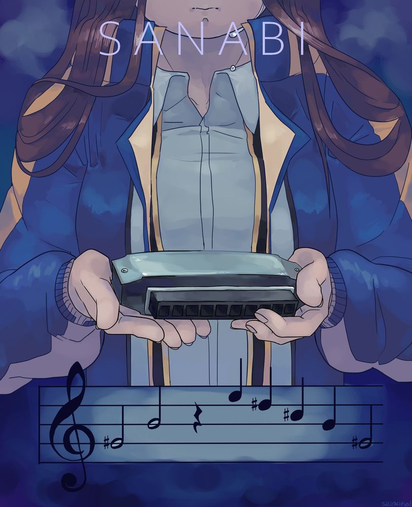 fanart of the game sanabi. a girl holds a harmonica on a blue background as a tear falls from chin. the top of the picture says "SANABI." the bottom is a set of musical notes that should be the main leitmotif of the game. but it might not be. because im not good at music.