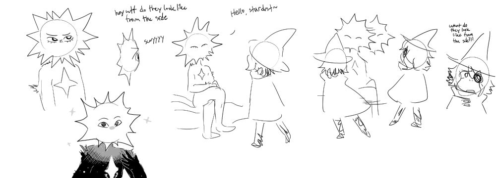 doodles of loop from in stars and time
the text on the left:
"hey wtf do they look like from the side"
"scaryyyy"
the little comic:
loop sitting on log as siffrin approaches "Hello, stardust~"
siffrin shifts left and right but loop continues facing his direction
siffrin looking confused "what do they look like from the side???"