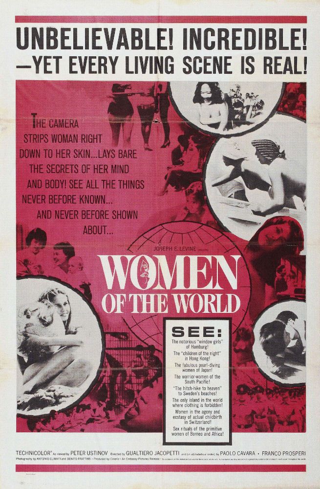 Affiche étasunienne du film "La Donna nel mondo" ("La Femme à travers le monde"), l'affiche est pleine de photos de femmes issues du film