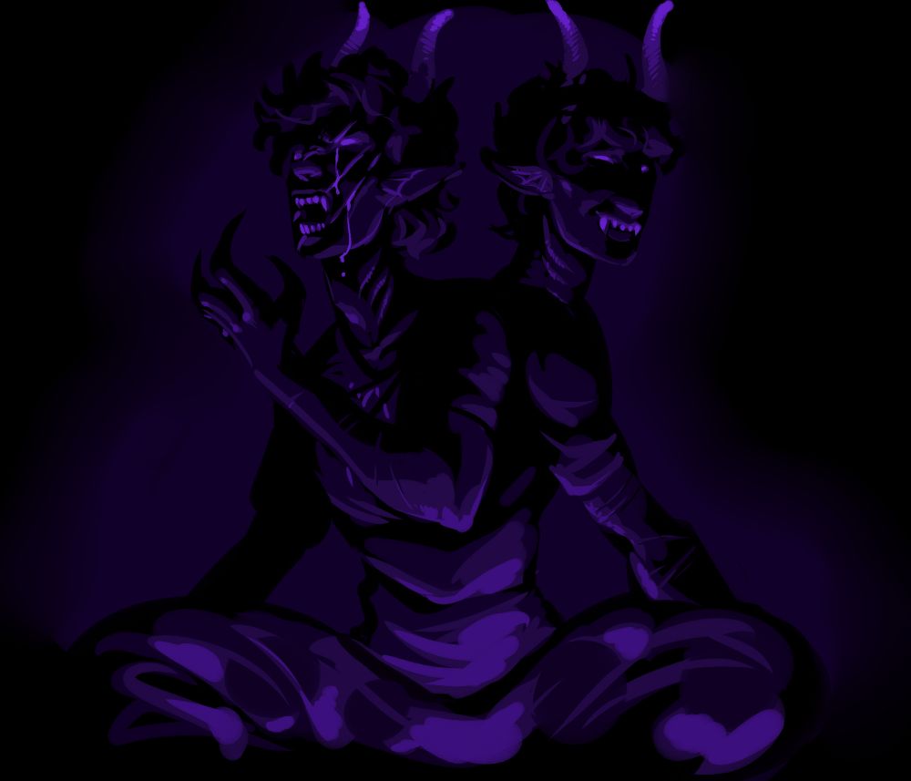 A digital portrait of Gamzee, split at the waist into two upper bodie back to back, painted in shades of purple to black.  One body is smiling over its shoulder, and the other has its claws raised angrily and is caught mid-scream, bleeding from three gashes across its face.