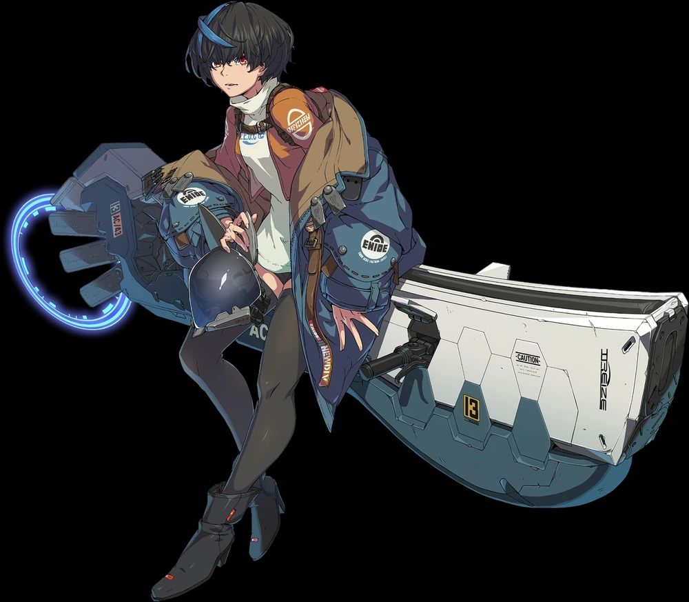 Unika from Guilty Gear Strive official render. She has black hair with two blue streaks in an X shape