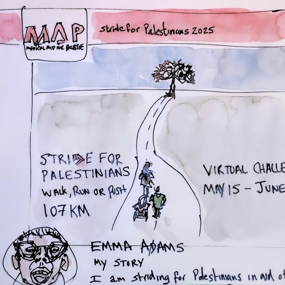 An ink and watercolour sketch of my MAP stride for Palestinians sponsorship page