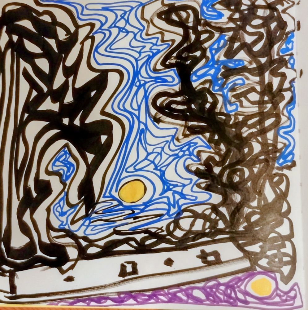 The full moon last night. The marker pen drawing is of the night sky with trees in silhouette. The moon is low and reflected in a purple canal next to a barge. Everything is covered in swirling lines.