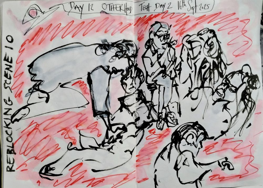 A black ref and white men ntage sketch of director Deborah Pakkar-Hull, Lisa Howard playing Peg and Beth Organ playing Teagan, during Tec work on scene 10