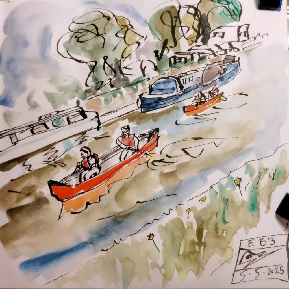 An ink and watercolour sketch of folks canoeing on a mucky looking canal.
