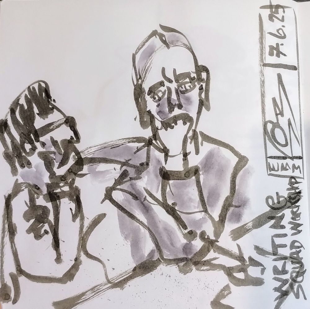 Black and white sketch of writers talking 