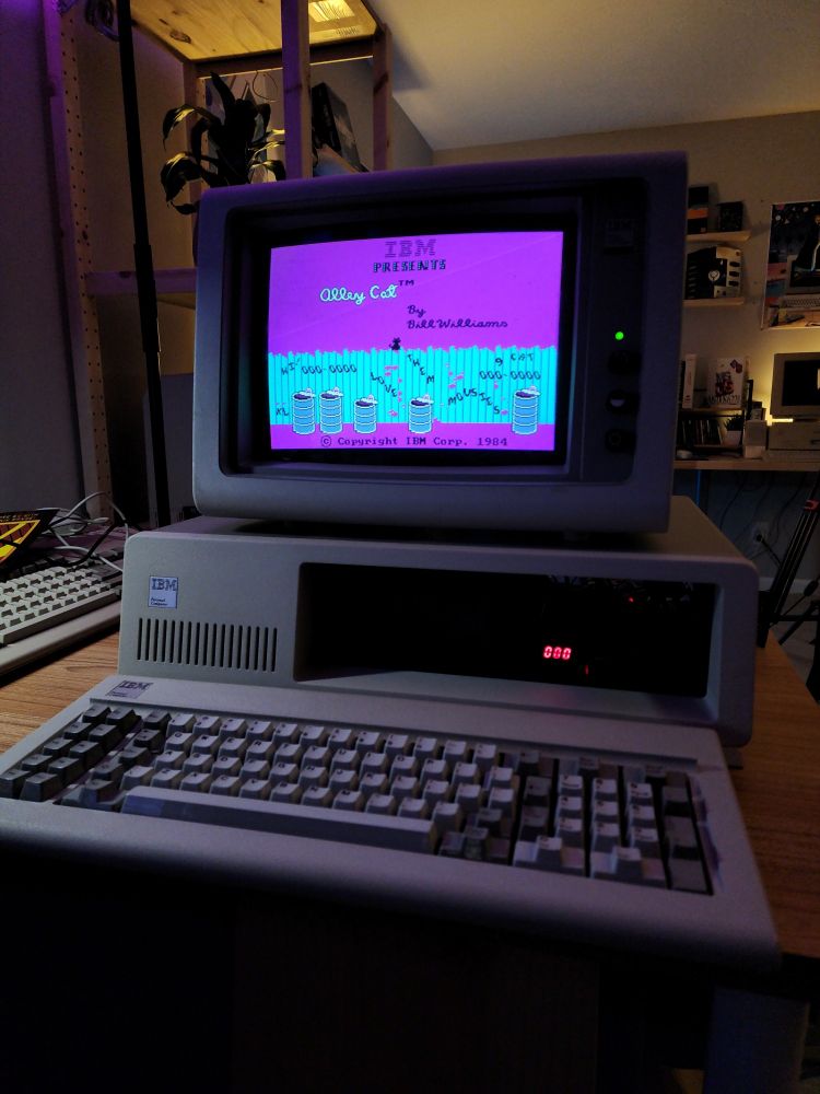 An IBM PC 5150 setup playing the game Alleycat in CGA mode