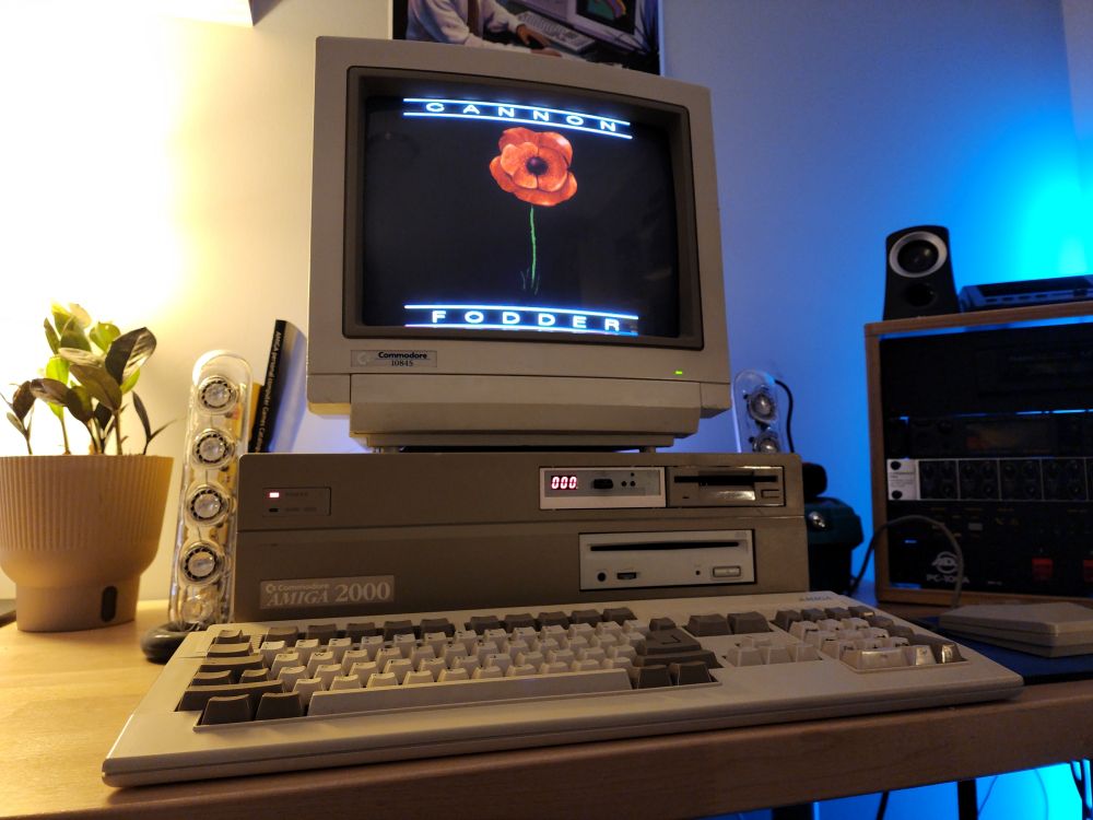 A Commodore Amiga 2000 setup playing the game Cannon Fodder