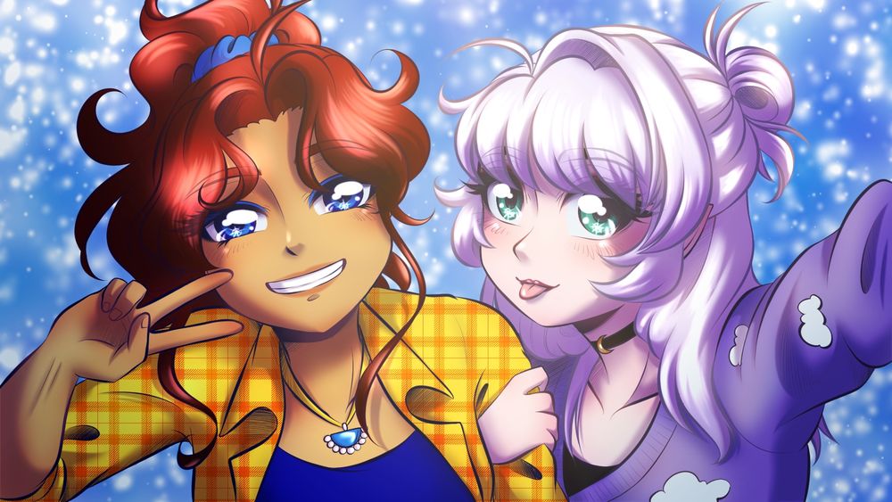 my sona with Nephele from my webcomic Saffron Wave posing for a selfie