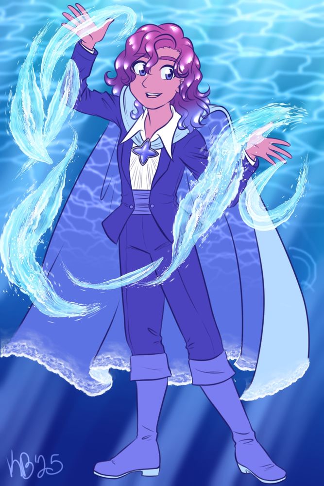 a colored sketch of a man with long wavy hair with blue tips wears a slick blue suit with a large light blue cape with wave trim. streams of water swirl around his hands.