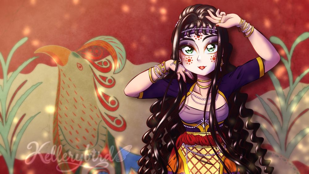 A Minoan girl with long dark hair, extravagant clothing and makeup poses in front of a fresco featuring a griffin.