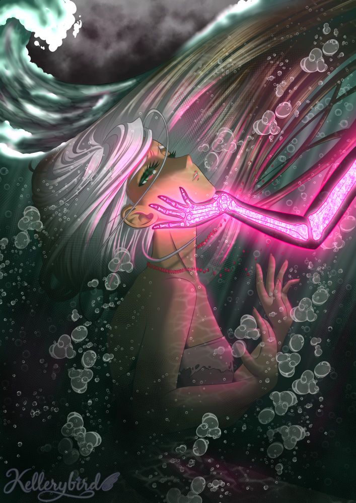 A girl with long hair floats beneath the surface of a turbulent sea. A glowing, pink skeletal arm tilts her head up.