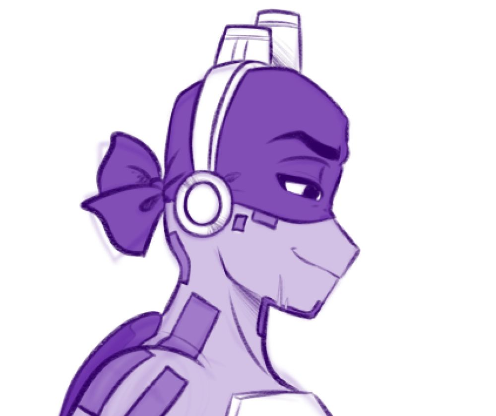 sketch of an older donnie from rise of the teenage mutant ninja turtles wearing a smug expression as he looks down at something