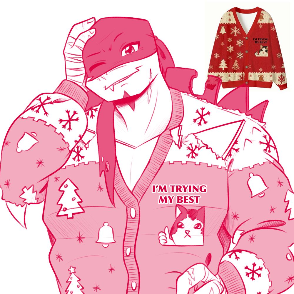 older raph from rise of the teenage mutant ninja turtles wearing an ugly holiday sweater that’s ripped where his spikes poke through. the sweater has a pattern of bells, holiday trees, and snowflakes with a picture of a cat giving a thumbs up under the text “i’m trying my best”