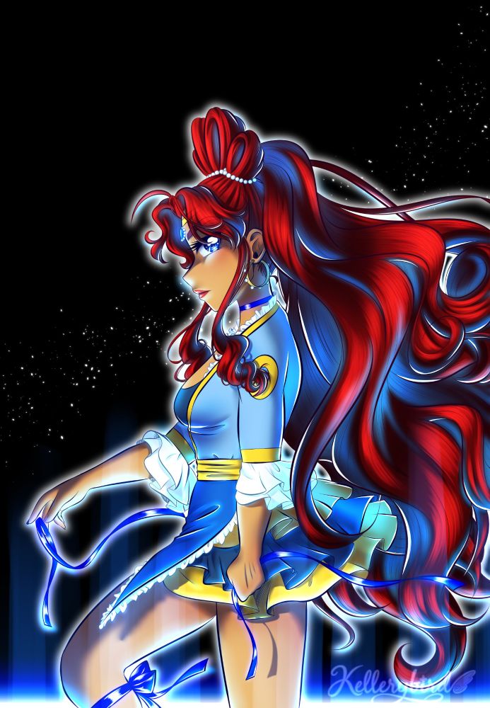 A magical girl with long red hair stands imposingly against a dark sky, the blue horizon line at her knees.