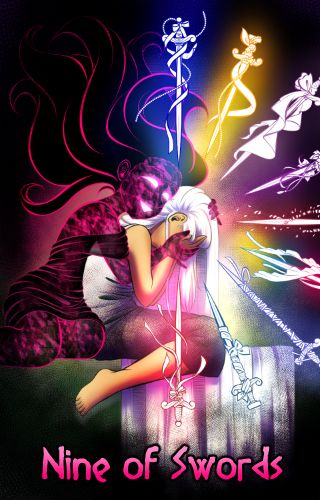 Nine of Swords tarot card drawn for a Spiderforest Collective project featuring Eris and Hecate from Saffron Wave. Hecate sits with her head in her hands, face hidden from view, with an array of 9 swords representing other characters around her head. Eris caresses her, also holding Hecate’s head, seemingly mocking her for her despair.