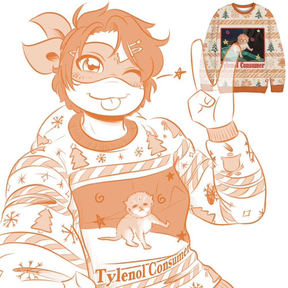 older mikey from rise of the teenage mutant ninja turtles wears an ugly holiday sweater patterned with trees, bells, snowflakes, and stars. on the chest is a photo of a wet, scraggly looking kitten with text saying “tylenol consumer” beneath it. he also has short hair with a few clips in his bangs