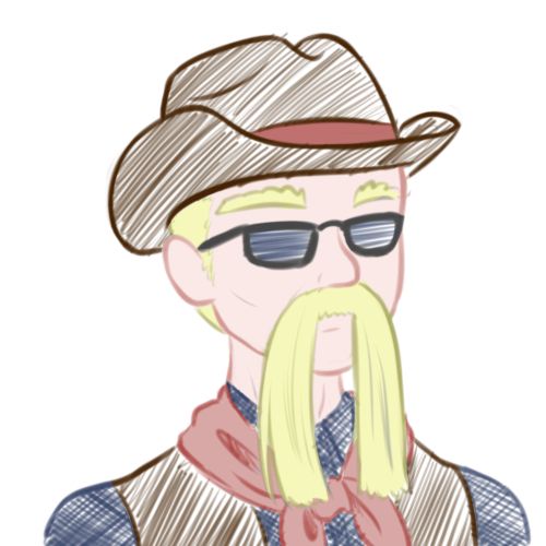 an old cowboy with bleach blonde hair and a mustache cut bluntly reaching to the collarbones