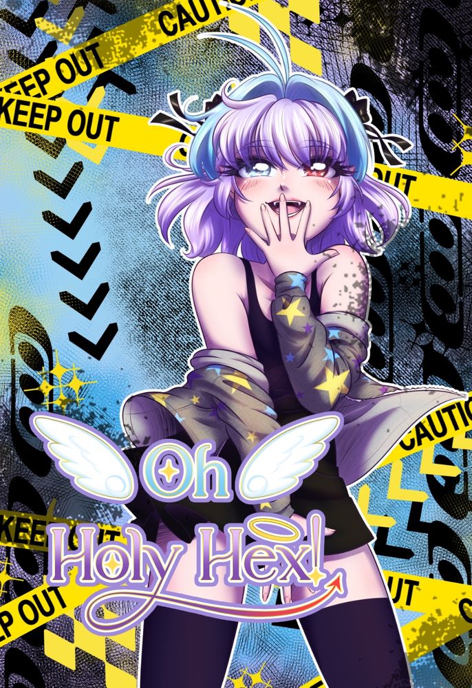 Lilith from my webcomic Oh Holy Hex! in her usual outfit of black over-the-knee socks, black tank top and skater skirt, and grey zip-up hoodie with yellow, purple, and blue stars, standing against a blue and yellow y2k grunge background. The comic’s title is in the lower left corner.