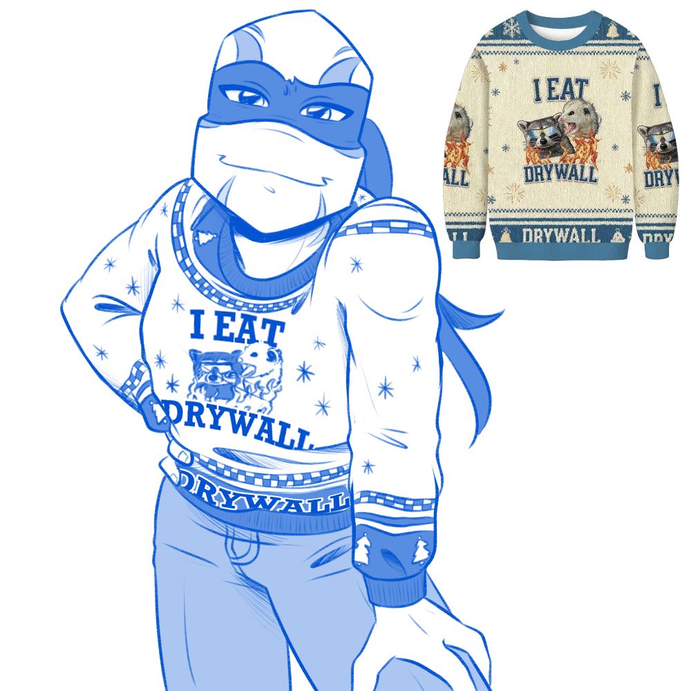 older leo from rise of the teenage mutant ninja turtles wears an ugly holiday sweater patterned with pine trees and snowflakes and a picture of a screaming possum and raccoon wearing sunglasses surrounded by text that reads “I eat drywall”