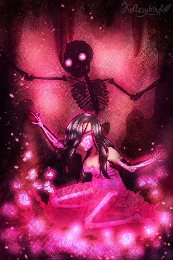 a girl with long dark hair and pink crystalline skeletal limbs wears a sheer pink gown and meets the viewer’s eye with determination. small pink crystals cover the ground, their glow throwing a shadow of the skeleton with glowing pink eyes is cast on the cave wall behind her. 