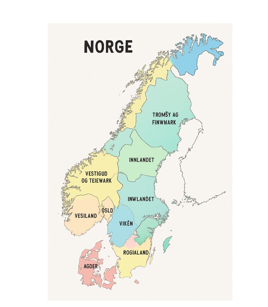 Kart over norge som viser hele norge, hele sverige og hele danmark som norsk territorium med feil navn på alle steder