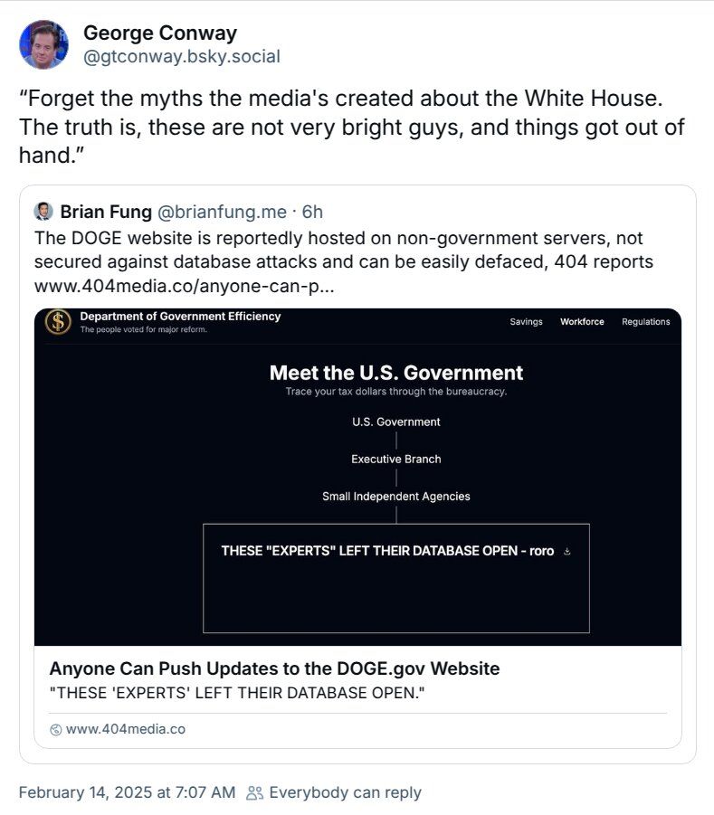 screenshot of hacked DOGE website with text: "These 'experts' left their database open"