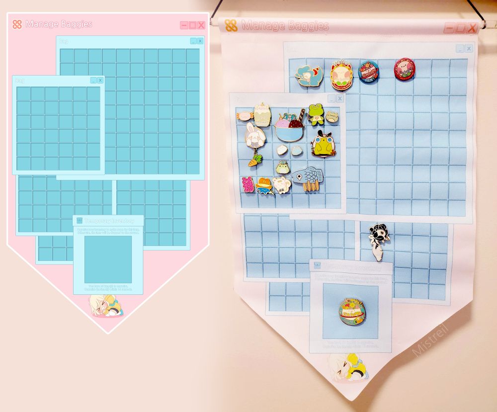 A banner pennant that resembles the inventory bags and a temporary inventory bag in Mabinogi. The banner is labelled "Manage Baggies"