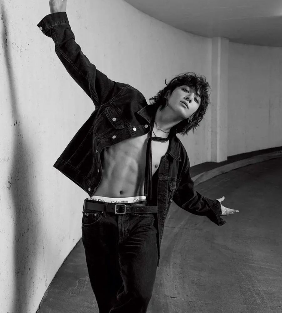 Jungkook with a messy bob, no shirt, and tie