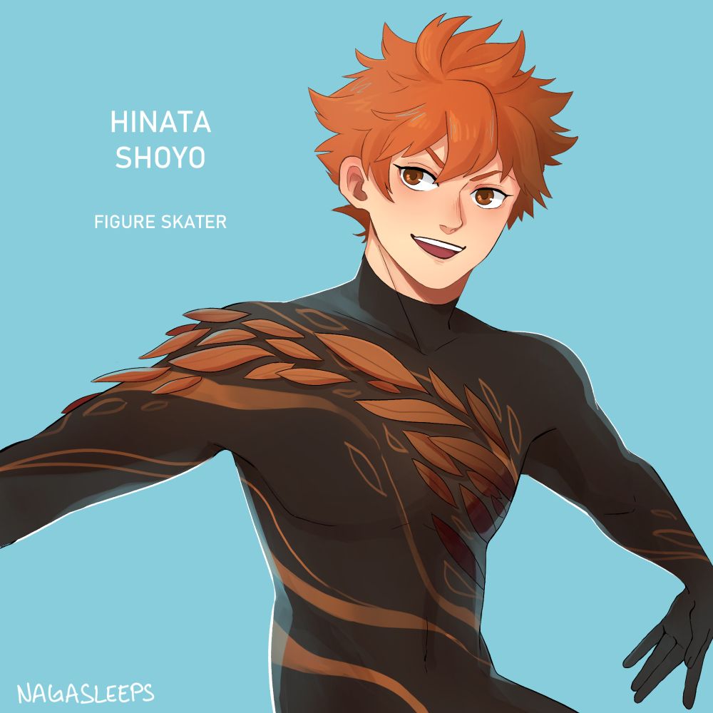 Hinata in a black and orange figure bodysuit with orange feathers on a blue background. The background text says Hinata Shoyo, figure skater.