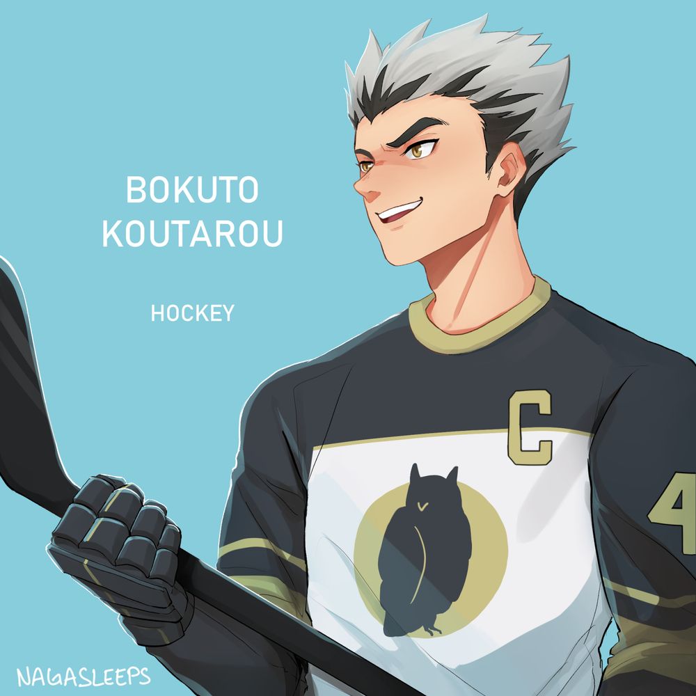 Bokuto in a hockey jersey with an owl logo holding a hockey stick on a blue background. The background text says Bokuto Koutarou, hockey.