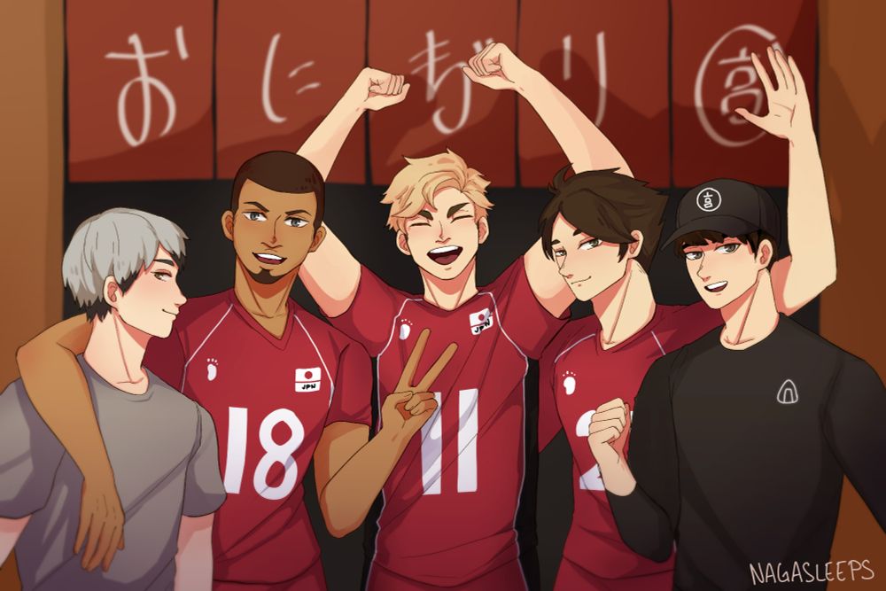 Kita, Aran, Atsumu, Suna, and Osamu post timeskip, cheering and posing for a photo in front on a door with a sign that says Onigiri Miya.