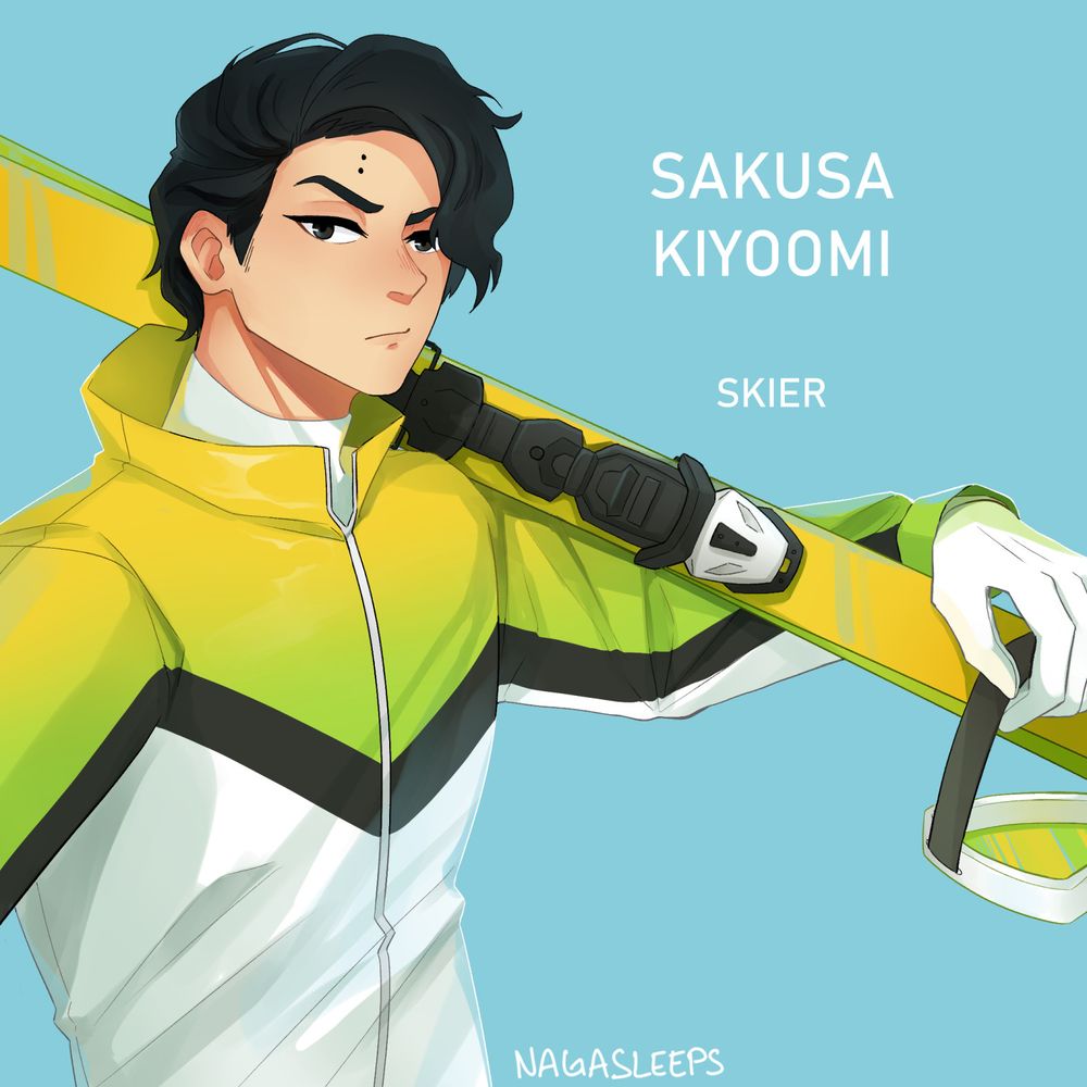 Sakusa holding skis over his shoulder. He's wearing a yellow green and white jacket on a blue background. The background text says Sakusa Kiyoomi, skier.