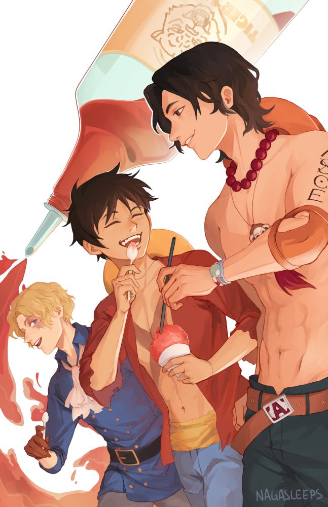 Ace, Luffy, and Sabo on a white background in front of a bottle of syrup. They are smiling and sharing shaved ice.